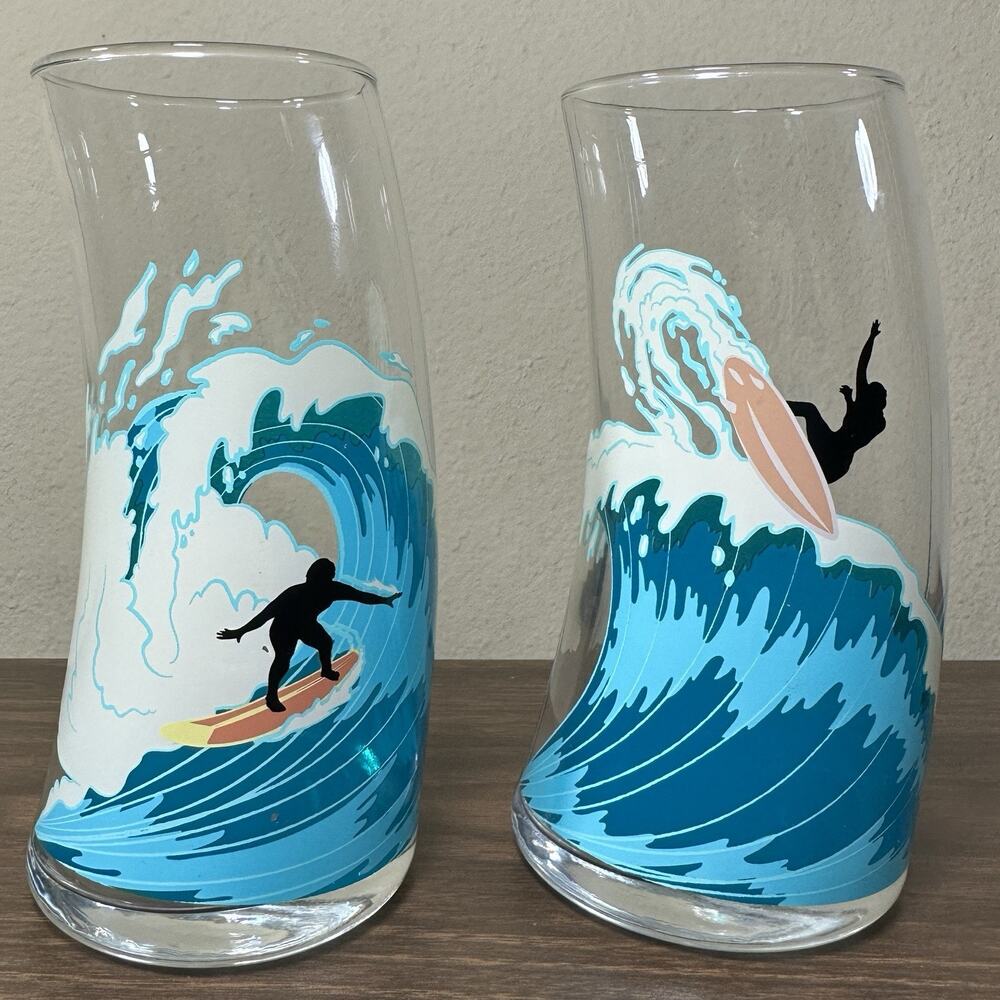 Surfing Wave Glasses Set of 2 Curved Highball Tumblers Beach Bar Decor